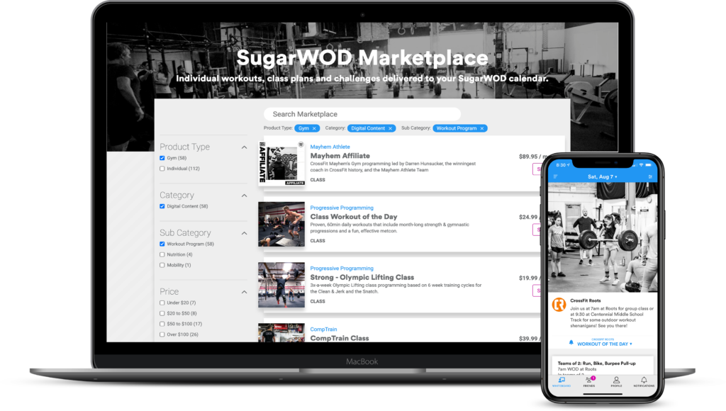 SugarWOD Marketplace on desktop and mobile phone